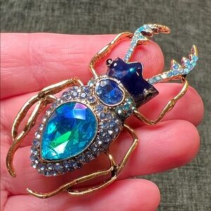 Vintage Style Blue Enamel Rhinestone Beetle Bug Insect Gold Tone Brooch